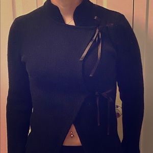 Black wool cardigan with satin ties